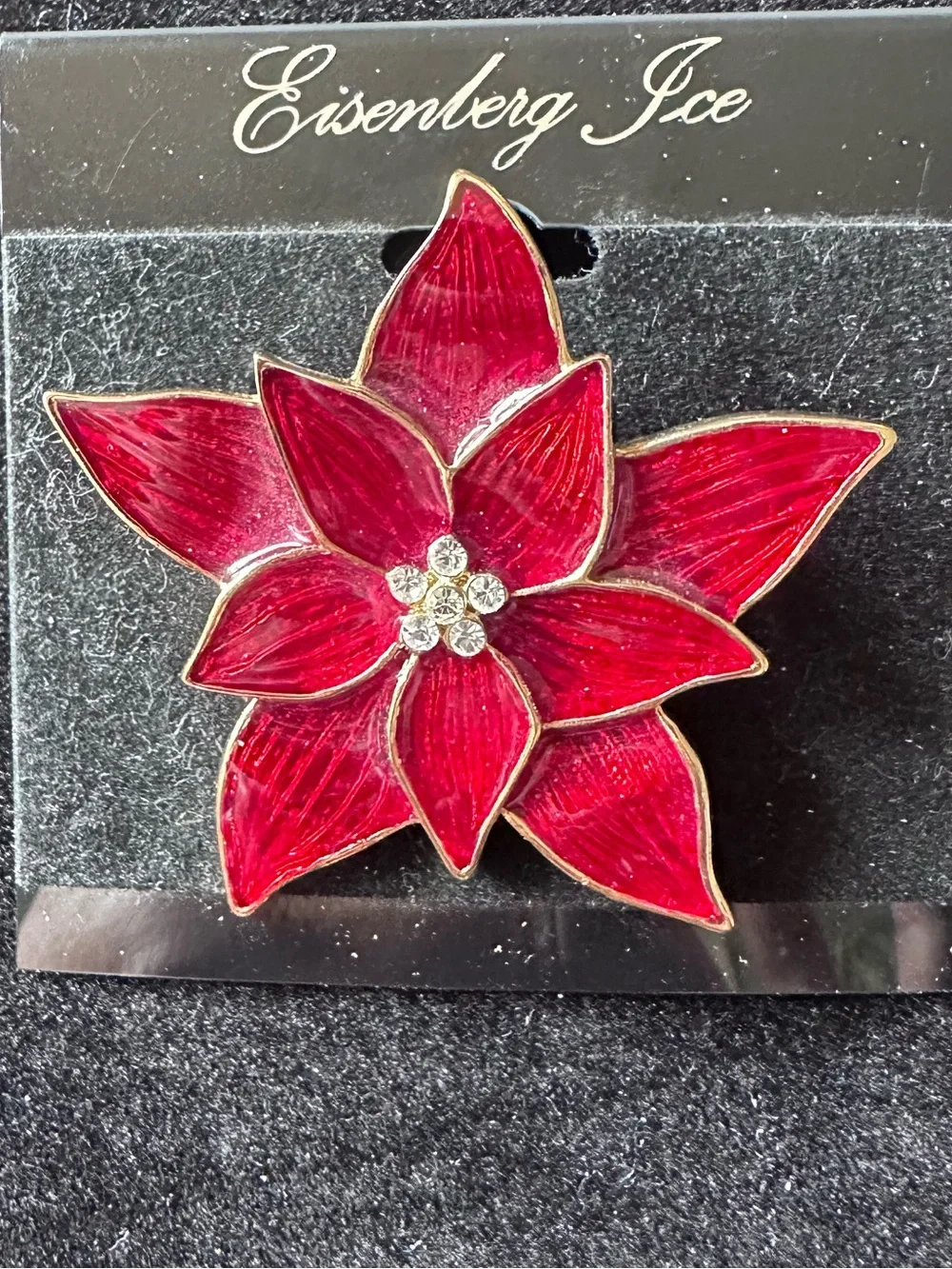 593- Vtge. Eisenberg Ice Poinsettia Brooch brand new on card Red Poinsettia